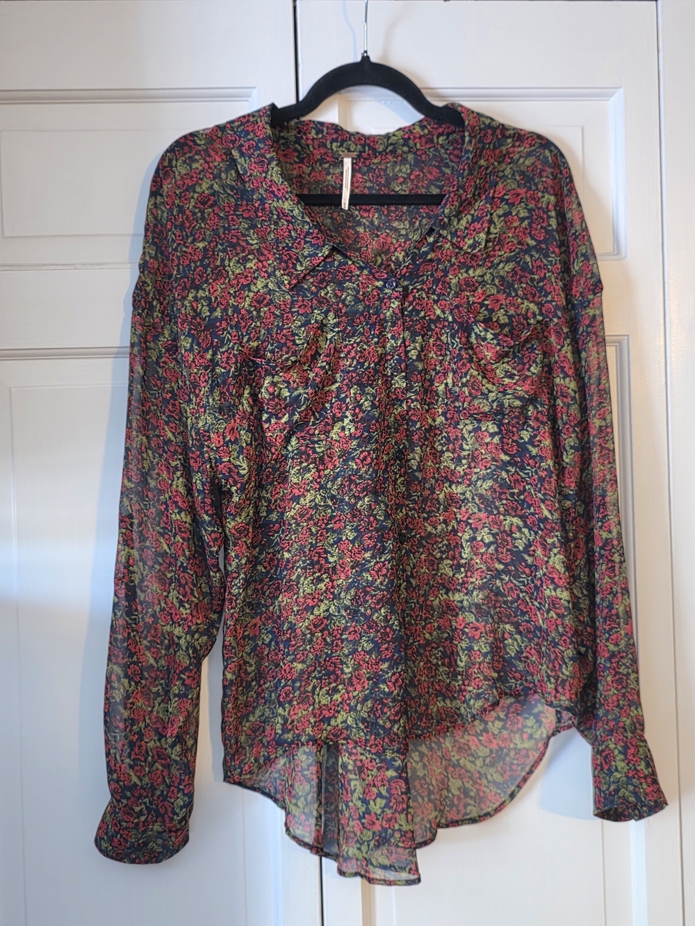 Free People Sheer Floral Button Front Blouse Medium Boho High Low Top Goth - Picture 2 of 6